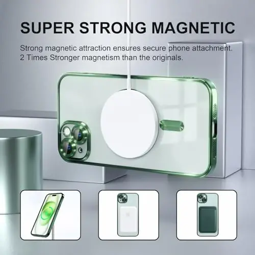 Misea Magnetic for iPhone 15 Case Compatible with MagSafe [Never Yellowing] [Military Grade Drop Protection] Full Camera Lens Protector Plating Soft Clear Phone Case for Women, Green - 5