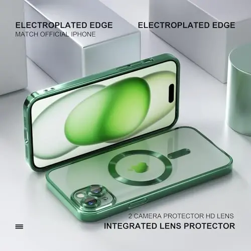 Misea Magnetic for iPhone 15 Case Compatible with MagSafe [Never Yellowing] [Military Grade Drop Protection] Full Camera Lens Protector Plating Soft Clear Phone Case for Women, Green - 6