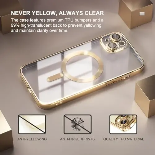 Misea Magnetic for iPhone 15 Case Compatible with MagSafe [Never Yellowing] [Military Grade Drop Protection] Full Camera Lens Protector Plating Soft Clear Phone Case for Women, Gold - 3