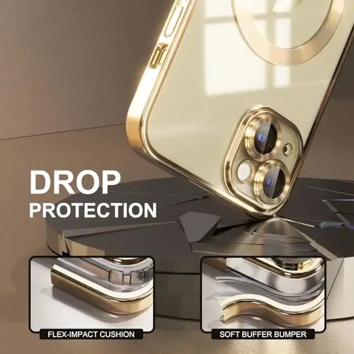 Misea Magnetic for iPhone 15 Case Compatible with MagSafe [Never Yellowing] [Military Grade Drop Protection] Full Camera Lens Protector Plating Soft Clear Phone Case for Women, Gold - 4