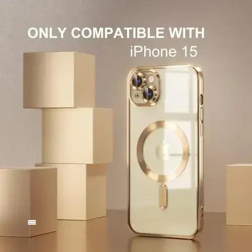 Misea Magnetic for iPhone 15 Case Compatible with MagSafe [Never Yellowing] [Military Grade Drop Protection] Full Camera Lens Protector Plating Soft Clear Phone Case for Women, Gold - MISEA (1)