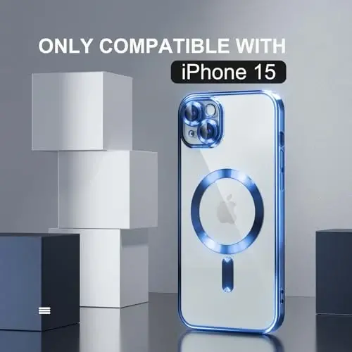 Misea Magnetic for iPhone 15 Case Compatible with MagSafe [Never Yellowing] [Military Grade Drop Protection] Full Camera Lens Protector Plating Soft Clear Phone Case for Women, Deep Blue - 2