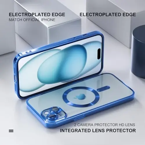 Misea Magnetic for iPhone 15 Case Compatible with MagSafe [Never Yellowing] [Military Grade Drop Protection] Full Camera Lens Protector Plating Soft Clear Phone Case for Women, Deep Blue - 6