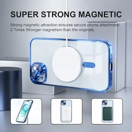 Misea Magnetic for iPhone 15 Case Compatible with MagSafe [Never Yellowing] [Military Grade Drop Protection] Full Camera Lens Protector Plating Soft Clear Phone Case for Women, Deep Blue - 5