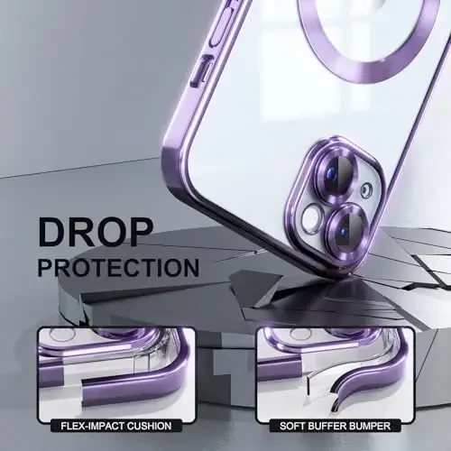 Misea Magnetic for iPhone 15 Case Compatible with MagSafe [Never Yellowing] [Military Grade Drop Protection] Full Camera Lens Protector Plating Soft Clear Phone Case for Women, Purple - 4