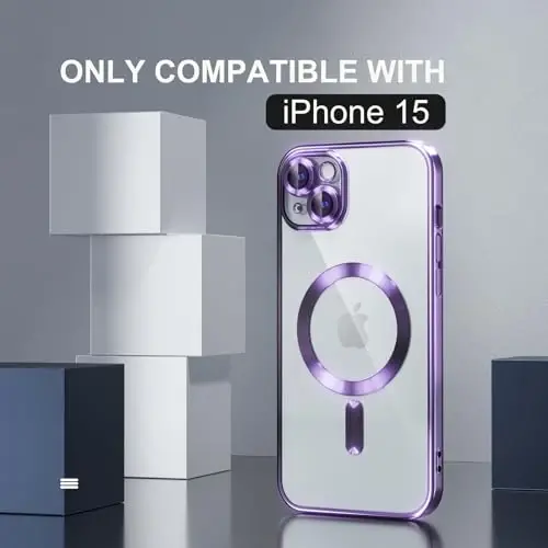 Misea Magnetic for iPhone 15 Case Compatible with MagSafe [Never Yellowing] [Military Grade Drop Protection] Full Camera Lens Protector Plating Soft Clear Phone Case for Women, Purple - 2