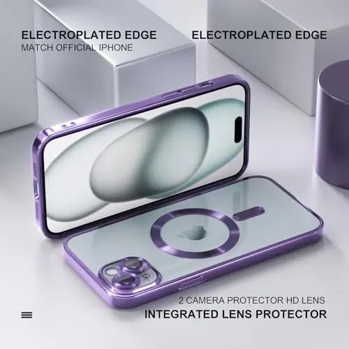 Misea Magnetic for iPhone 15 Case Compatible with MagSafe [Never Yellowing] [Military Grade Drop Protection] Full Camera Lens Protector Plating Soft Clear Phone Case for Women, Purple - 6