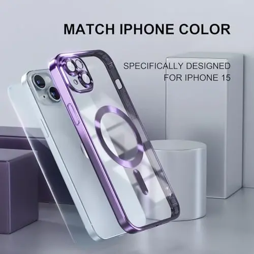 Misea Magnetic for iPhone 15 Case Compatible with MagSafe [Never Yellowing] [Military Grade Drop Protection] Full Camera Lens Protector Plating Soft Clear Phone Case for Women, Purple - 7