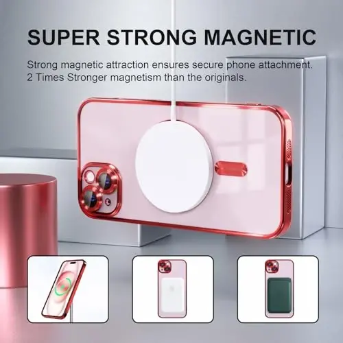 Misea Magnetic for iPhone 15 Case Compatible with MagSafe [Never Yellowing] [Military Grade Drop Protection] Full Camera Lens Protector Plating Soft Clear Phone Case for Women, Red - 5