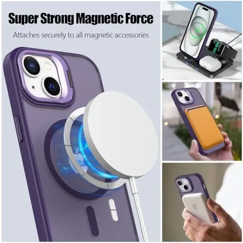 Nvollnoe for iPhone 15 Case Compatible with MagSafe,Military Grade Shockproof Heavy Duty Protective Adjustable Kickstand Matte Semi Clear Phone Case for iPhone 15(Deep Purple) - 2