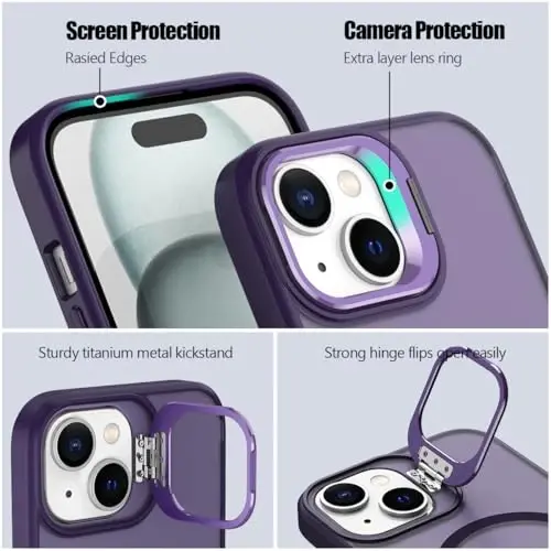 Nvollnoe for iPhone 15 Case Compatible with MagSafe,Military Grade Shockproof Heavy Duty Protective Adjustable Kickstand Matte Semi Clear Phone Case for iPhone 15(Deep Purple) - 3