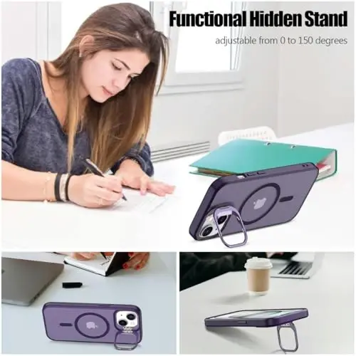 Nvollnoe for iPhone 15 Case Compatible with MagSafe,Military Grade Shockproof Heavy Duty Protective Adjustable Kickstand Matte Semi Clear Phone Case for iPhone 15(Deep Purple) - 4