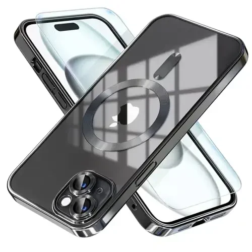 Misea Magnetic for iPhone 15 Case Compatible with MagSafe [Never Yellowing] [Military Grade Drop Protection] Full Camera Lens Protector Plating Soft Clear Phone Case for Women, Black 