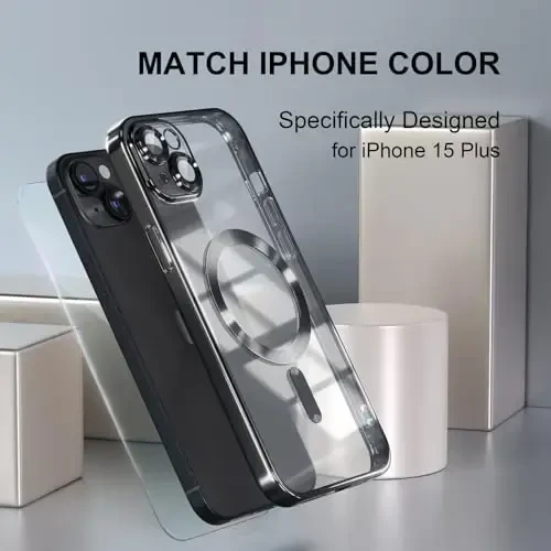 Misea Magnetic for iPhone 15 Case Compatible with MagSafe [Never Yellowing] [Military Grade Drop Protection] Full Camera Lens Protector Plating Soft Clear Phone Case for Women, Black - 7