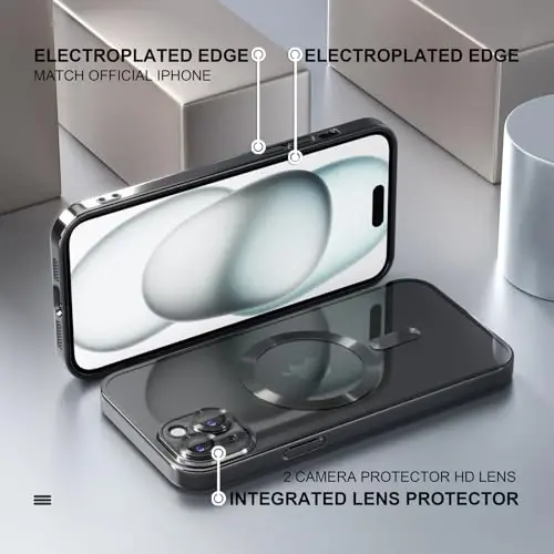 Misea Magnetic for iPhone 15 Case Compatible with MagSafe [Never Yellowing] [Military Grade Drop Protection] Full Camera Lens Protector Plating Soft Clear Phone Case for Women, Black - 6