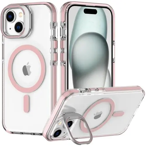 Nvollnoe for iPhone 15 Case Compatible with MagSafe Military Grade Shockproof Heavy Duty Protective Adjustable Kickstand Clear Phone Case for iPhone 15(Clear Pink) 