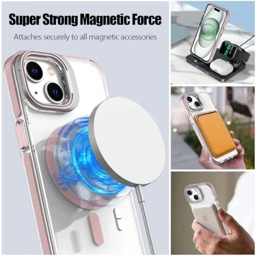 Nvollnoe for iPhone 15 Case Compatible with MagSafe Military Grade Shockproof Heavy Duty Protective Adjustable Kickstand Clear Phone Case for iPhone 15(Clear Pink) - NVOLLNOE (1)