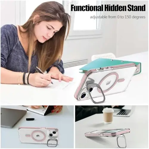 Nvollnoe for iPhone 15 Case Compatible with MagSafe Military Grade Shockproof Heavy Duty Protective Adjustable Kickstand Clear Phone Case for iPhone 15(Clear Pink) - 4