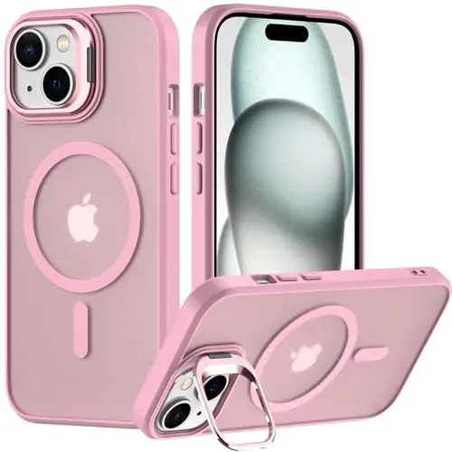Nvollnoe for iPhone 15 Case Compatible with MagSafe Military Grade Shockproof Heavy Duty Protective Adjustable Kickstand Matte Semi Clear Phone Case for iPhone 15(Pink) 