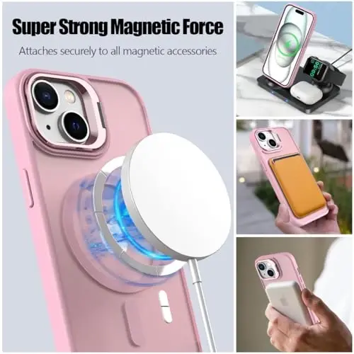 Nvollnoe for iPhone 15 Case Compatible with MagSafe Military Grade Shockproof Heavy Duty Protective Adjustable Kickstand Matte Semi Clear Phone Case for iPhone 15(Pink) - NVOLLNOE (1)