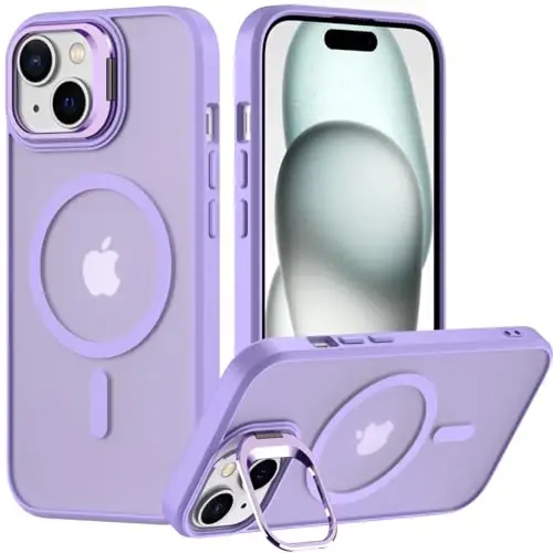 Nvollnoe for iPhone 15 Case Compatible with MagSafe Military Grade Shockproof Heavy Duty Protective Adjustable Kickstand Matte Semi Clear Phone Case for iPhone 15(Purple) 