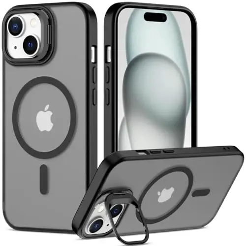 Nvollnoe for iPhone 15 Case Compatible with MagSafe Military Grade Shockproof Heavy Duty Protective Adjustable Kickstand Matte Semi Clear Phone Case for iPhone 15(Black) 