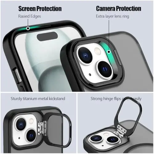 Nvollnoe for iPhone 15 Case Compatible with MagSafe Military Grade Shockproof Heavy Duty Protective Adjustable Kickstand Matte Semi Clear Phone Case for iPhone 15(Black) - 3