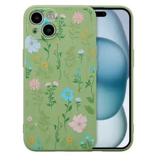 RALEAVO Floral Case for iPhone 15,Liquid Silicone Cover with Flower Cosmos Pattern Cute Phone Cover for Girls Women Slim Soft Rubber Protective Phone Case for iPhone 15 (6.1