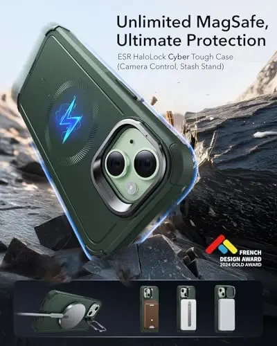 ESR for iPhone 15 Case with Stand, 23 ft Military-Grade Drop Protection Heavy Duty Magnetic Phone Case, Compatible with MagSafe Accessories, Cyber Series, Green - 2