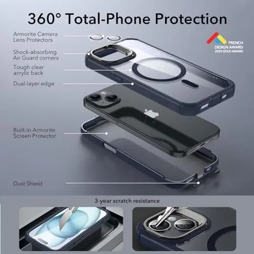 ESR for iPhone 15 Case with Stand, Compatible with MagSafe, Full-Body Military-Grade Drop Proof Case with Built-in 9H+ Tempered Glass Screen Protector, Armor Series, Clear Dark Blue - 3