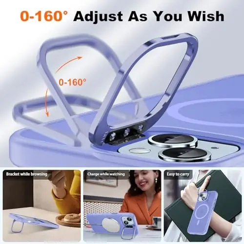 JAME for iPhone 15 Case with Stand, 2X [Tempered Glass Screen Protector], [Compatible with Magnetic], Built-in Camera Kick-Stand Phone Case for iPhone 15, Magnetic Case for iPhone 15, 6.1”, Lavender - 4