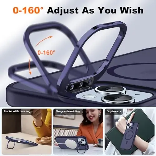 JAME for iPhone 15 Case with Stand, 2X [Tempered Glass Screen Protector][Compatible with Magnetic] Built-in Camera Kickstand Phone Cover for iPhone 15, Magnetic Case for iPhone 15 6.1”, Purple - 4