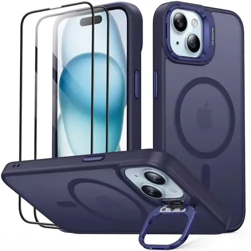 JAME for iPhone 15 Case with Stand, 2X [Tempered Glass Screen Protector][Compatible with Magnetic] Built-in Camera Kickstand Phone Cover for iPhone 15, Magnetic Case for iPhone 15 6.1”, Purple - JAME