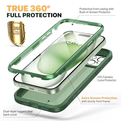 Diaclara Designed for iPhone 15 Case, Full Body Rugged Case with Built-in Touch Sensitive Anti-Scratch Screen Protector, with Camera Lens Protector for iPhone 15 6.1