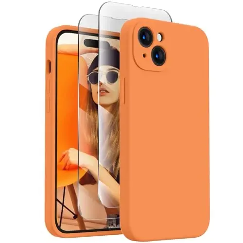 FireNova Designed for iPhone 15 Case, Silicone Upgraded [Camera Protection] Phone Case with [2 Screen Protectors], Soft Anti-Scratch Microfiber Lining Inside, 6.1 inch, Kumquat 