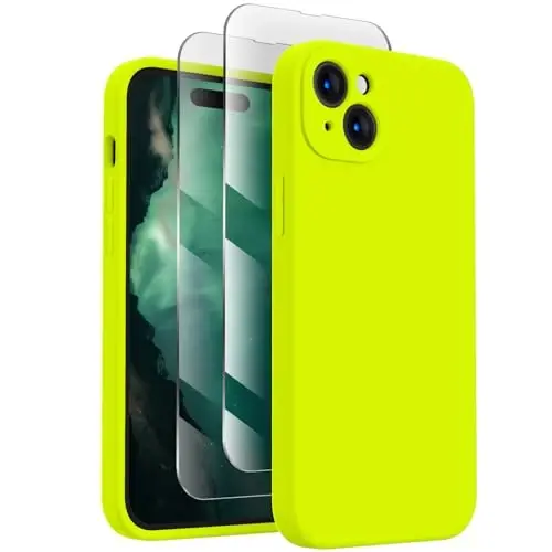 FireNova Designed for iPhone 15 Case, Silicone Upgraded [Camera Protection] Phone Case with [2 Screen Protectors], Soft Anti-Scratch Microfiber Lining Inside, 6.1 inch, Fluorescent Green 