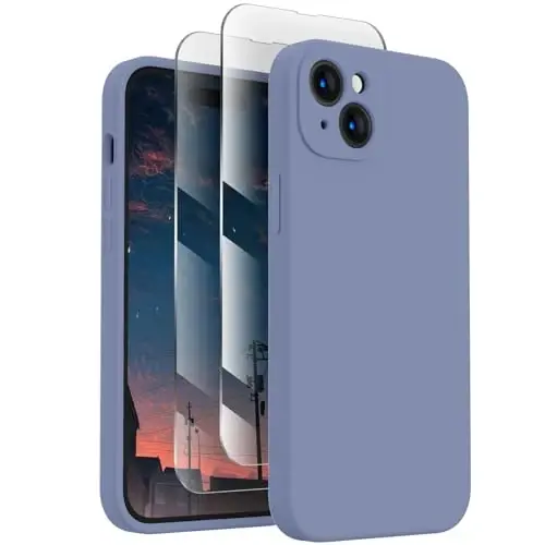 FireNova Designed for iPhone 15 Case, Silicone Upgraded [Camera Protection] Phone Case with [2 Screen Protectors], Soft Anti-Scratch Microfiber Lining Inside, 6.1 inch, Lavender Gray 
