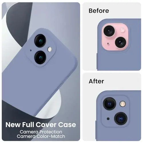 FireNova Designed for iPhone 15 Case, Silicone Upgraded [Camera Protection] Phone Case with [2 Screen Protectors], Soft Anti-Scratch Microfiber Lining Inside, 6.1 inch, Lavender Gray - 3
