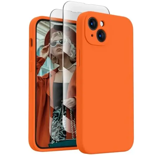 FireNova Designed for iPhone 15 Case, Silicone Upgraded [Camera Protection] Phone Case with [2 Screen Protectors], Soft Anti-Scratch Microfiber Lining Inside, 6.1 inch, Neon Orange 