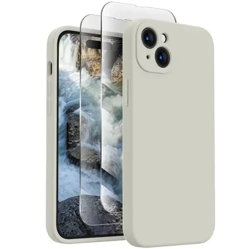 FireNova Designed for iPhone 15 Case, Silicone Upgraded [Camera Protection] Phone Case with [2 Screen Protectors], Soft Anti-Scratch Microfiber Lining Inside, 6.1 inch, Stone 