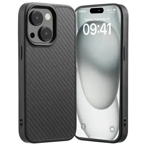 Tigowos Real Carbon Fiber for iPhone 15 Case, Fits magSafe Sturdy Protective Case for iPhone 15 Carbon Fiber Aramid Fiber with Military-Grade Drop Cover, Supports Wireless Charging, Black 