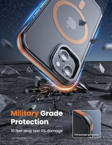 Tigowos for iPhone 15 Phone Case Fits MagSafe 10FT Drop Resistant Matte Skin Feeling Back Cover for iPhone 15 Case，Bumper Orange - TIGOWOS (1)