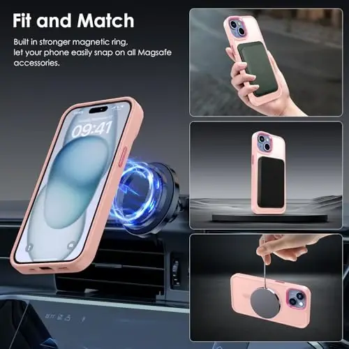 TIMORA Magnetic for iPhone 15 Case, [Compatible with MagSafe] Shockproof Protective Slim Translucent Matte Cover for iPhone 15Case Phone Case, Pink - 3