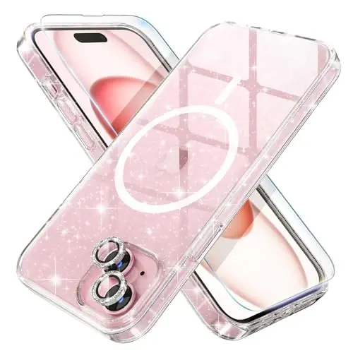 Choiche Compatible for iPhone 15 Case Magnetic, Women Clear Glitter Bling Sparkly Case, [2xDiamond Camera Lens Protectors] [2xTempered Glass Screen Protectors] [Compatible MagSafe] (Glitter Clear) 