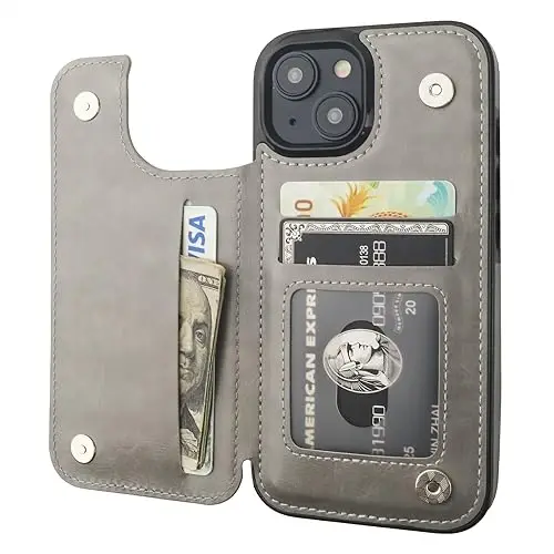 ONETOP Compatible with iPhone 15 Wallet Case with Card Holder, PU Leather Kickstand Card Slots Case, Double Magnetic Clasp and Durable Shockproof Cover 6.1 Inch (Gray) 