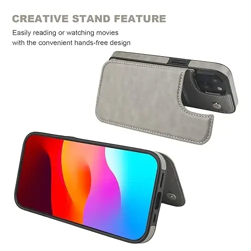 ONETOP Compatible with iPhone 15 Wallet Case with Card Holder, PU Leather Kickstand Card Slots Case, Double Magnetic Clasp and Durable Shockproof Cover 6.1 Inch (Gray) - 5