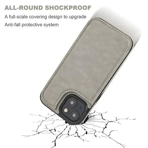 ONETOP Compatible with iPhone 15 Wallet Case with Card Holder, PU Leather Kickstand Card Slots Case, Double Magnetic Clasp and Durable Shockproof Cover 6.1 Inch (Gray) - 6