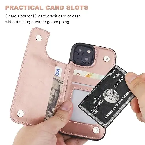 ONETOP Compatible with iPhone 15 Wallet Case with Card Holder, PU Leather Kickstand Card Slots Case, Double Magnetic Clasp and Durable Shockproof Cover 6.1 Inch (Rose Gold) - 4
