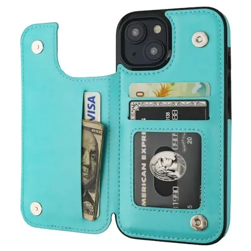 ONETOP for iPhone 15 Wallet Case with Credit Card Holder,LightBlue | Kickstand,ID/Cash Holder,Case Wallet with Card Slots,Double Magnetic Clasp,Durable PU Leather Shockproof Cover for Women Men - 1