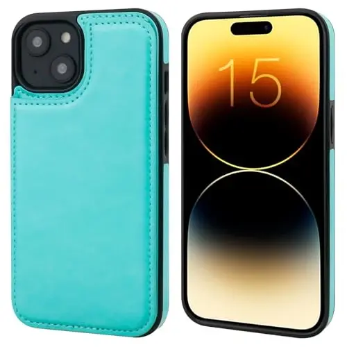 ONETOP for iPhone 15 Wallet Case with Credit Card Holder,LightBlue | Kickstand,ID/Cash Holder,Case Wallet with Card Slots,Double Magnetic Clasp,Durable PU Leather Shockproof Cover for Women Men - 3